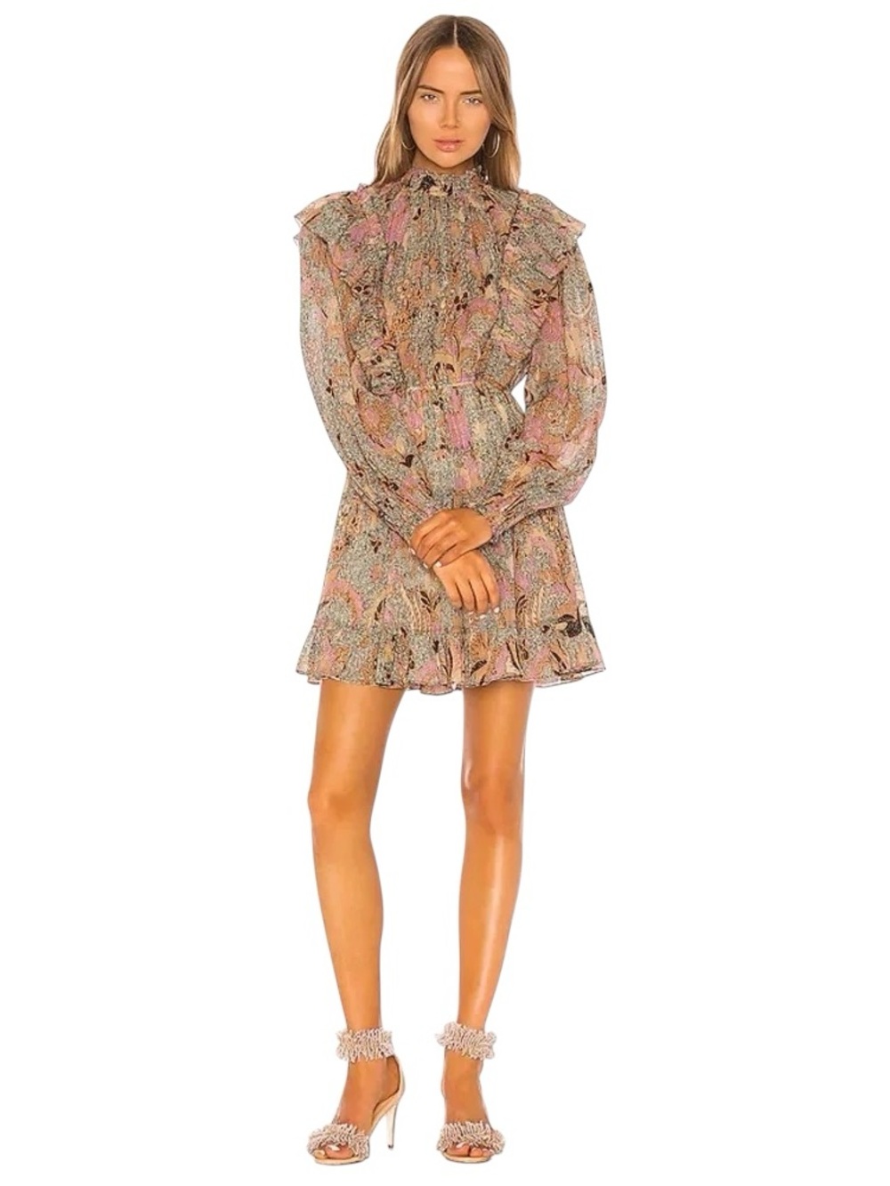 ULLA JOHNSON Vienne Ruffle High Neck Floral Puff Sleeve Boho Mini Dress